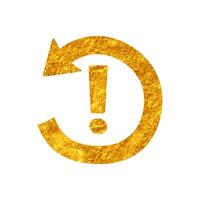 Counterclockwise rotating arrow icon with exclamation mark drawing in realistic gold color style vector