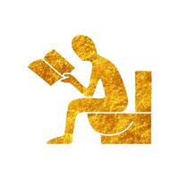 Man sitting in toilet and reading magazine drawing in realistic gold color style vector