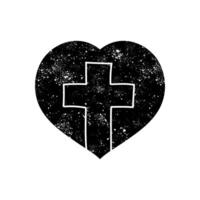 Christian cross inside heart shape black hand drawn icon in grunge look vector