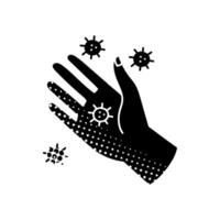 Viruses on human hand palm black hand drawn icon in halftone texture style vector