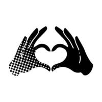 black hand drawn icon in halftone texture hand heart shape love sign vector