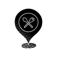 black hand drawn icon in halftone texture pin map restaurant with utensils vector