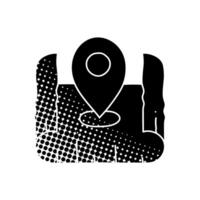 black hand drawn icon in halftone texture style map pin on curled paper icon vector