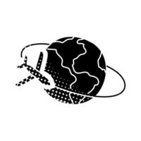Airplane orbiting earth black hand drawn icon in halftone texture style vector