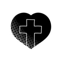 Christian cross inside heart shape black hand drawn icon in halftone texture style vector