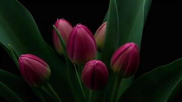 Cluster of vibrant pink tulip buds, showing promise of spring video