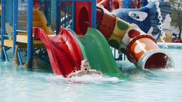 A child slides down a water park. Summer vacation concept for a child. video