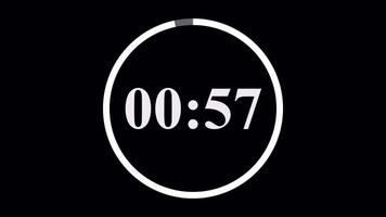 Circle countdown timer alpha channel animation, representing a 60 second timer counting down to zero with clear digital display for time tracking. video