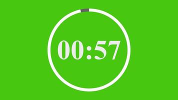One minute timer countdown green screen from 60 to 0 seconds on a digital clock, symbolizing time measurement and alarm in stopwatch format. video