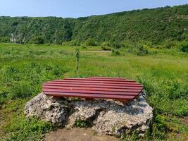 A wooden bench is sitting on a rock in a grassy field. The bench is red and is surrounded by green grass. The scene is peaceful and serene, with the bench providing a place to sit photo