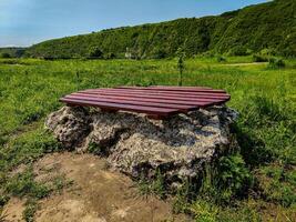 A bench is sitting on a rock in a grassy field. The bench is wooden and has a rustic appearance. The field is lush and green, with a mountain in the background. The scene is peaceful and serene photo