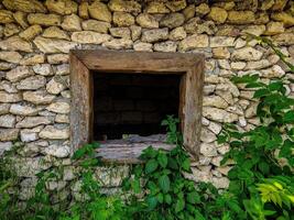A small window in a stone building is open, allowing green plants to grow out of the stone wall. The plants are thriving in the sunlight that streams through the window, creating a peaceful photo