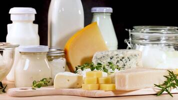 Assorted dairy items arranged neatly on a table video