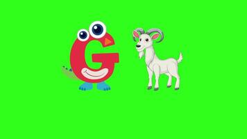 Animated letter G interacts with a cartoon goat on a green background, emphasizing the alphabet in a playful style video