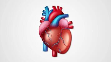 A realistic animated human heart pulsating rhythmically against a clean white backdrop, illustrating cardiovascular function video