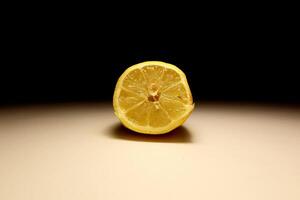 Sliced lemon half without juice isolated on neutral background minimalist style citrus fruit close up natural food healthy ingredient kitchen photography detailed texture of citrus slice photo