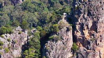 Aerial footage captures the rugged rhyolite formations and lush eucalyptus forest of Nimbin Rocks in bright daylight video