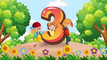 Animated children interact with a large number three in a colorful, vibrant garden setting, emphasizing playfulness and learning video