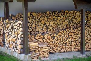 large stack of firewood neatly arranged under a covered area photo