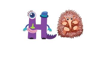 Colorful animation introducing the letter H with a playful monster and hedgehog on a white background video
