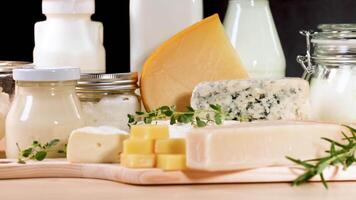 Assorted dairy items arranged on a wooden board video