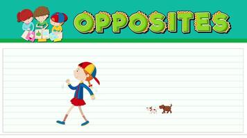 A colorful animation illustrating the concepts of leading and following using a girl and two dogs video