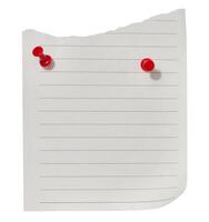 Sheet of white lined paper attached with a red pushpin with a ragged edge at the bottom, isolated background photo