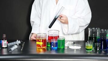Scientist conducting experiment with color liquids video