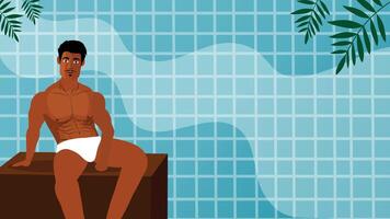 A calm shirtless man sitting by the pool edge vector