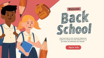 boy and girl with backpacks and pencil welcoming new school year vector