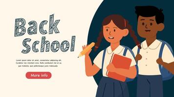 cartoon boy and girl holding supplies promoting back to school vector