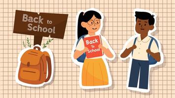 boy and girl standing with backpack sign and grid background vector