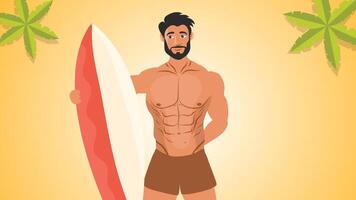 Muscular man posing with surfboard summer vibe background vector