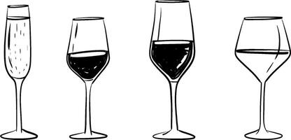 Whimsical wine glasses. outline isolated on white background. Party collection vector