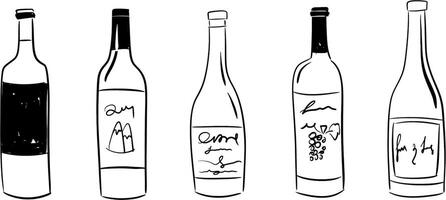Whimsical wine bottles. outline isolated on white background. Party collection vector