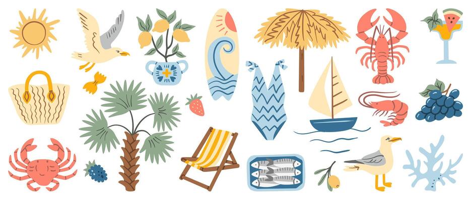 Collection of hand-drawn summer elements including seafood, palm trees, sun, seagulls, fruits, swimwear, sailboat, beach umbrella, coastal decor. Perfect for seaside themes, travel-inspired designs.