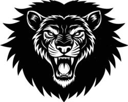 Powerful black and white illustration of a roaring lion head emblem displaying intense ferocity and strength vector