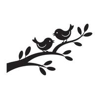 Silhouette of Two Birds Perched on a Branch with Leaves vector