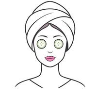 Woman with cucumber slices on eyes and towel illustration. vector