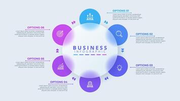 Design template for infographic labels with icons and 6 options or steps. Suitable for process diagrams, presentations, workflow layouts, banners, flow charts, and infographics. vector