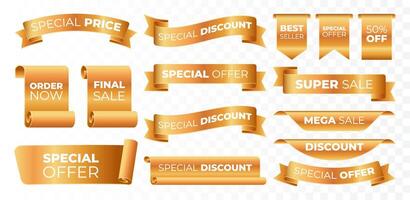 Gold tag icons set. 3D Gold accented labels, banners, and ribbons for sales, discounts vector