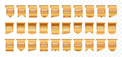 Gold tag icons set. 3D Gold accented labels, banners, and ribbons for sales, discounts, and promotion vector