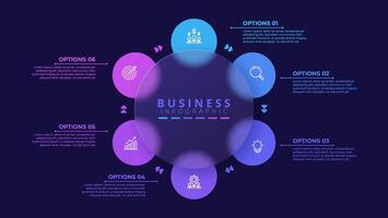 Infographic label design template featuring icons and six distinct steps. Ideal for process charts, presentation slides, workflow schemes, banners, flow diagrams, and data visualization vector