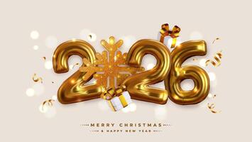 Happy New Year 2026 in the form of realistic, 3D stylized numbers, accompanied by gold snowflakes. This symbol is suitable for posters, banners, greeting cards and other layout designs. vector