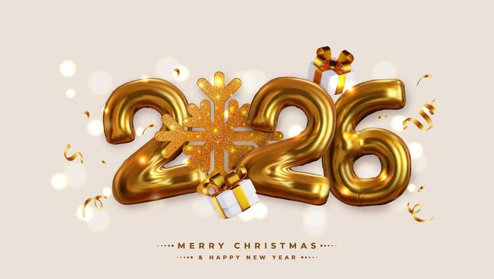 Happy New Year 2026 in the form of realistic, 3D stylized numbers, accompanied by gold snowflakes. This symbol is suitable for posters, banners, greeting cards and other layout designs.
