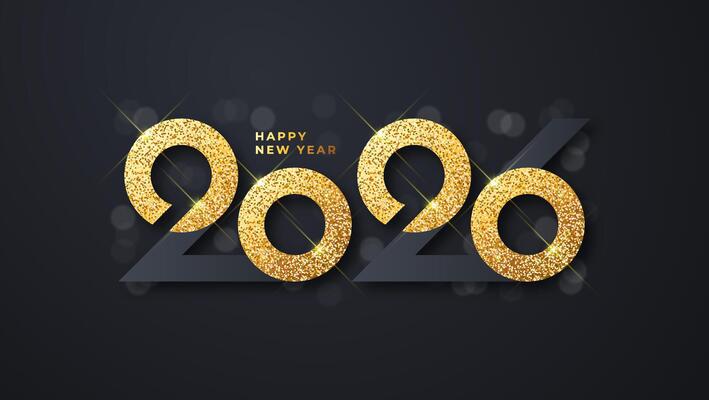 Happy new year 2026 typographic text poster design celebration. Sparkle golden numbers and dark background