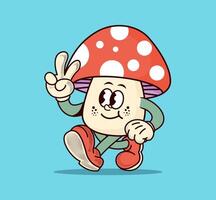 Cute mushroom mascot cartoon in retro and colorful style. Fun and cheerful character perfect for poster design, sticker, logo, and nature themed illustration vector