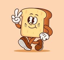 Cute bread cartoon character in retro style. Fun and cheerful food mascot illustration. Perfect for breakfast theme, snack design, poster, and menu decoration vector