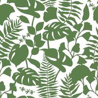 Seamless pattern of tropical green forest leaves. Silhouette of monstera, fern, eucalyptus vector