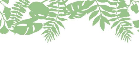 Seamless border of tropical green forest leaves. Silhouette of monstera, fern, eucalyptus vector